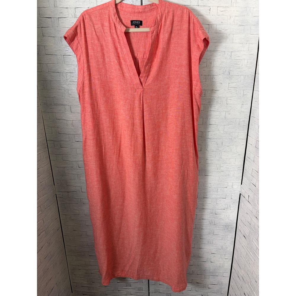 Jones New York Women's Dress Shift midi Coral Linen Blend Sleeveless Pockets